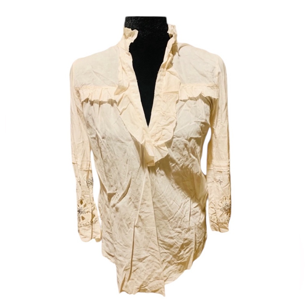 Beautiful Poleci Blouse Cream Colored jeweled accented cuffs. Size 8